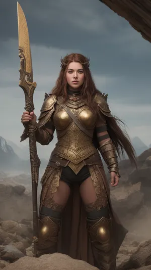 Battle-hardened dwarf princess warrior, compact and powerful, braided auburn hair streaked with soot and ash, a small golden crown dented from battle resting above her brow, fierce emerald eyes framed by dirt and sweat, ornate gold-inlaid plate armor scratched and scarred, crimson royal cloak torn at the edges, gripping a heavy double-headed war axe still stained from combat, standing amidst the rubble of a breached mountain gate lit by flickering forge light, her stance unyielding, cinematic ultra-realistic fantasy art