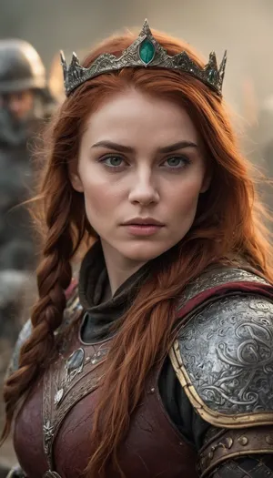 Battle-hardened dwarf princess warrior, compact and powerful, braided auburn hair streaked with soot and ash, a small golden crown dented from battle resting above her brow, fierce emerald eyes framed by dirt and sweat, ornate gold-inlaid plate armor scratched and scarred, crimson royal cloak torn at the edges, gripping a heavy double-headed war axe still stained from combat, standing amidst the rubble of a breached mountain gate lit by flickering forge light, her stance unyielding, cinematic ultra-realistic fantasy art