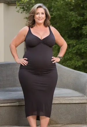 45° sideview, The very chubby milf 60, stark naked body, chubby milf, tight transparent sleeveless black maxidress, very saggy tits, no panties, plump pubis, plump waist, huge hips, brown hair with highlights, long hair, happy smile, nip slip, (high quality:2), ((two fully dressed curvy mature 60 year old milfs in background looking at the viewer:1.5)), bottomheavy, big, ass, huge, gigantic, thick, thighs, massive, braless, Wearing, clothes, that, make, sense, with, Braless>, <lora:clothed_small:.4>, <lora:bottomheavy_v1_sdxl_tags:.8>, <lora:bralessSDXL_v1_00022:.8>