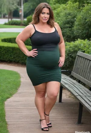 45° sideview, Full body shot, 50 year old woman, looking at viewer, eye contact, layered haircut, green eyes, black thin dress, obese, chubby, wide hips, curvy, large floppy breasts, sagging breasts, deflated breasts, tan lines, long hair, light brown hair with highlights, upturned nose, bottomheavy, big, ass, huge, gigantic, thick, thighs, massive, braless, Wearing, clothes, that, make, sense, with, Braless>, <lora:clothed_small:.5>, <lora:bottomheavy_v1_sdxl_tags:.8>, <lora:bralessSDXL_v1_00022:.8>