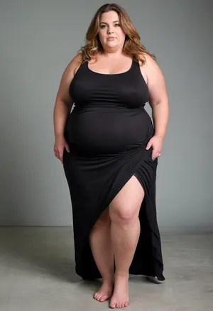45° sideview, (obese:1.3), Full body shot, 50 year old woman, looking at viewer, eye contact, black thin maxidress, ssbbw, chubby, wide hips, curvy, large floppy breasts, sagging breasts, deflated breasts, tan lines, long hair, light brown hair with highlights, layered haircut, upturned nose, bottomheavy, big, ass, huge, gigantic, thick, thighs, massive, braless, Wearing, clothes, that, make, sense, with, Braless>, <lora:clothed_small:.2>, <lora:bottomheavy_v1_sdxl_tags:.8>, <lora:bralessSDXL_v1_00022:.5>