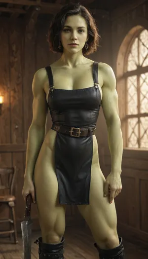A towering, muscular half-orc woman in her late thirties, with broad shoulders, a square jaw, and strong arms. She has, (pale green skin:1.5), short dark hair tied back tightly, and wears practical, dark work clothes with a leather apron, tool belt, and heavy boots. Her expression is calm but intimidating, with sharp, watchful eyes. She stands backstage in a dimly lit theater, one hand resting on a coiled rope, the other on a large wooden mallet. Stage curtains and props surround her, hinting at her role as both stagehand and quiet enforcer. Fantasy setting, fantasy tavern background, dramatic cinematic lighting, rich colors, ultra-detailed, high fantasy art style, by Magali Villeneuve and Dan Dos Santos, 8k resolution, hyper-realistic, masterpiece, (perfect hands and fingers, realistic detailed face, detailed eyes, realistic detailed hair, realistic detailed body, realistic detailed skin, realistic detailed breasts, realistic detailed very tight virgin pussy), <lora:dAIversityUnderstandingXLRealistic:.8>