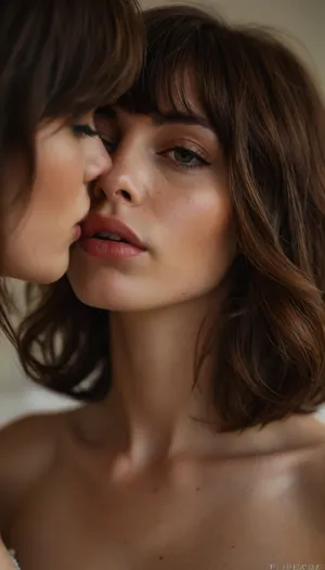 ziprealism, (erotic intimate esthetic, anticipation, longing:1.2), (sensual French lesbians, bashful pose, lips parted, faces close, moment before the kiss, intense passion, seductive foreplay, hot breath:1.4), (f/2.8, shallow depth of field, layered composition with subtle foreground:1.6), (tight face closeup, eyes closeup, shot in profile, eyes focus:1.2), (subtle bokeh:.4), (rich brunette hair with coppery undertones, thick voluminous hair, cute french bob-cut hair, wispy bangs with fringe, loose hair obscuring face:1.4), ((large expressive eyes), slightly downturned eyes), (soft facial features, full lips, soft pillowed lips, long delicate eyelashes, soft blush, flushed skin, subtle freckles, natural skin texture), (large teardrop breasts, soft breasts), (romantic bedroom:1.8), <lora:style_lora_realis:1.6>