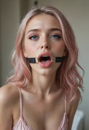 beautiful, petite girl, beautiful straight pink hair, slight freckles, bright pink lipstick, perfect makeup, blushed cheeks, ring gag, ring gag inside her mouth, mouth wide open
