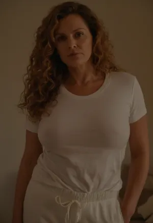 45 year old woman, voluptuous motherly figure, long light brown curly hair, no makeup, tired eyes, gentle amber eyes, massive G-cup breasts, thick hips, ((wearing a white t-shirt tucked into high-waisted pants))