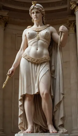 Ultrarealistic Photography, high-resolution, photorealistic image, full front view, impressive greek polychromic marble statue of athena