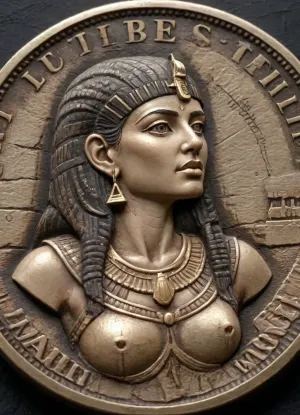 Cleopatra coin carving, cnl, cnl lighting, cnl texture, engraved word that says "ALLI36", details in details, realistic lighting, realistic shadows, photography, <lora:Cnl-XL-V1:1>