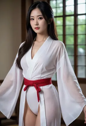 yamamura sadako with long hime haircut wearing white thin kimono, she has a slim hourglass body with massive G cup sized breast, her skin are very pale