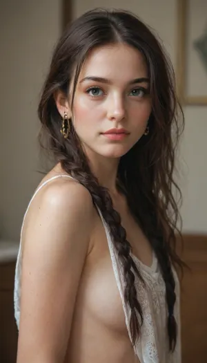 Two 18 years old slender girls, natural black straight hair, long hair with some braids, cute faces