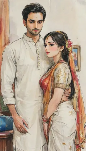 A romantic hand-drawn illustration of a recently married Indian couple standing together. The groom is handsome, tall, and muscular, wearing a crisp white shirt and traditional veshti. The bride is curvy and elegant, wearing a richly detailed traditional Indian wedding saree with vibrant colors and golden embroidery. Her saree is draped in a traditional style, showing a tasteful glimpse of her midriff and neckline. They stand close together, gazing lovingly into each other’s eyes, radiating warmth and joy. The scene is illuminated with soft, warm lighting, capturing intricate details of the saree, groom’s attire, and their expressive faces. Romantic, cinematic, highly detailed, traditional Indian wedding atmosphere, hand-drawn style, soft shadows, dynamic composition, <lora:bridal_saree:.6>, <lora:xl_shuimo-000012:.8>, <lora:gufeng_ink_wash_xl_v2:.8>, <lora:Eldritch_SketchDraw:.8>
