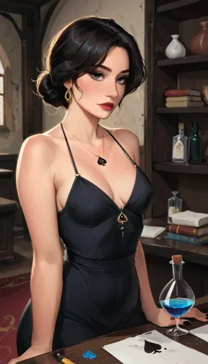 This is Bella, gorgeous woman, 40 years old, slavic, 1girl, solo, seductive, beautiful face, youthful face, beautiful at any distance, same face at any distance, (milf:1.4), hotwife, (slender), (small breasts:1.4), (black:1.5), (short hair), messy hair, glamour, long sharp, (black), nails, (wide silver wedding ring), natural skin, realistic skin texture, confident, (natural black eyes:1.1), (black queen of spades obsidian pendant:1.5), (no tattoo), perfect body, sexy model, stands with her back leaning on the table, (black velvet dress), decline, (swirling dust motes), (high ceilings), in the background a medieval office, dusty shelves with ancient books, magic crystals, dried herbs, roots, strange creatures in glass jars, (fullbody view), best view, eye contact, best lighting, lighting is warm, soft, diffused, ultra-detailed, 8K, cinematic daylight, soft colors, photorealistic oil painting, non-glossy skin, (j_cartoon:1.4), Her name is Bella, in the past she is, (Snow White:.5), masterpiece, score_9, score_8_up, score_7_up, score_6_up, best quality, digital, (j_cartoon:1.5), Drawing, ohwx, woman, <lora:samdoesarts1.1-000030:.4>, <lora:J_cartoon:.3>, <lora:Animated_Concept:.4>, <lora:scarlet_lora_sdxl_v3-000008:1.6>