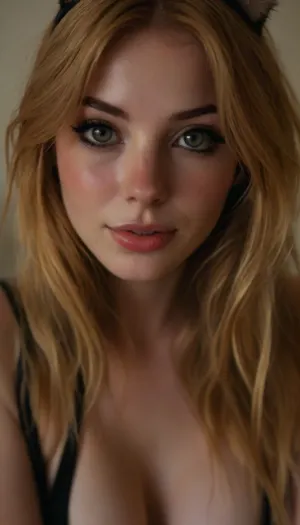 ziprealism, (sensual candid esthetic, stunning cat girl woman, catgirl, soft mischievous smirk, playful eyes:1.8), (f/2.8, shallow depth of field), (closeup shot, lips focus:1.2), (cat ears headband, short ginger-orange hair with blonde highlights, French Bob haircut, long wispy bangs with fringe:1.4), (feline facial features, subtle freckles, short upturned nose, tall filtrum, large expressive eyes, dimples), (loosely falling hair, loose hair obscuring face, loose hair hiding eye:1.8), (full pouting lips, cupids bow, soft pillowed lips, moist glossy lips, natural skin texture, flawless pale skin:1.4), idarkgbaddie, (cozy bed:1.6), <lora:style_lora_realis:.4>, <lora:igbaddie-XL:.4>