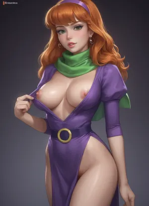 Adult Daphne Blake, Cartoon young woman, long red hair, large breasts, hairy pussy, purple dress, high leg slit, deep cleavage, areola peeking out, green scarf, pink headband, haunted mansion background, classic Scooby-Doo style.