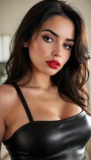 ziprealism, (30yo, intimate sensual esthetic, artistic study of feminine allure, offset composition), (seductive sensual expression, sensual eye contact, soft teasing smirk, confident pose:1.2), (f/2.8, shallow depth of field, subtle bokeh), (medium full shot, low angle view, view from side, focus on ass:1.8), (sleek glossy black hair, straightened long hair, hair obscuring face, dark full eyebrows:1.4), (athletic body, slim waist, wide hips, thicc thighs, tight black leather pants:1.4), (soft pillowed lips, moist lips, vibrant red lipstick:1.4), (natural skin texture, long thick eyelashes:1.2), (cozy bedroom), (large teardrop breasts, soft breasts, pale nipples:1.2), (strong defined jawline, large expressive eyes, catchlights)