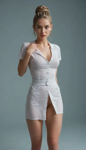 masterpiece, best quality, ultra-detailed, high resolution, 8K, sharp focus, intricate details, highly detailed, 2d, (flat color:2), (no lineart:2), simple background, gradient background, 1girl, solo, long natural blonde hair, dreadlocks, bun, braid, detailed face, detailed eyes, green eyes, no pupils, seductive, big breasts, curvy, athletic, thick thighs, wide hips, narrow waist, big ass, bottom heavy, public hair, landing strip, detailed skin, smooth skin, pale skin, teasing, realistic shadows, natural depth of field, ultrarealistic, high quality reflections, uhd, 8k, chromatic aberratio, random pose, random view, nurse uniform, too tight clothes, no underwear