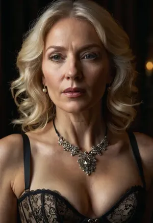 a vivid, accurate description of a hyper-realistic portrait of a mature woman who exudes confidence. Her platinum blonde hair cascades past her shoulders against a dark background. Inspired by Rembrandt's chiaroscuro, the lighting is meticulous and eye-catching. The editor's refined finish and ethereal glamour evoke timeless standards of beauty reminiscent of the Renaissance. Focus on the small to medium-sized breasts, which are accentuated when she kneels, revealing their full splendour. Her eyes are closed in ecstatic abandon, her mouth open in a silent scream of pleasure, as if she has been transported to a world of unbridled ecstasy. The dark make-up only adds to the attractiveness of her features, irresistibly drawing the viewer's eye to her face. Around her neck, a delicate and intricate lace corset adds a touch of sophisticated sensuality, while the BDSM necklace with a shiny toric joint is a powerful symbol of her unashamed submission. The overall effect is one of raw, unbridled desire, as if this woman has completely let go in the moment, surrendering to pure, unadulterated pleasure and the joy of being alive