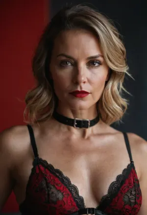 a 50 years old woman, A close-up portrait of a woman, captured in a candid moment. She is adorned in a red and black lace bralette, paired with a black choker featuring a silver buckle. Her attire is complemented by a black and red patterned underwear. The woman's pose is relaxed, with one arm resting on a gray surface, and her gaze is directed towards the camera. The background is blurred, emphasizing the subject, and the overall color palette is dominated by red, black, and silver., detailifier