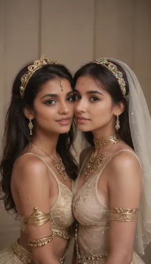 Ultra realistic, 32k, super high quality, high resolution, Blowjob from two women, 34c boobs, size 10 body, indian wedding, authentic setting, (((two cute indian princess, gold desi face jewellry and headdress))), of 30 years old, long dark hair, cute faces. realcumAI, cohf, 2girls, m4id0utf1t, 1girl, woman, India, Model, Beautiful, Photorealistic, dark, skin, <lora:JustCum:1.8>, <lora:lora-000004:2>, <lora:Darker_skin_SDXL:2>