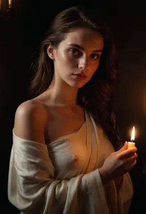 diaphanous ivory robe slipping off one shoulder, 1.4 dramatic chiaroscuro with deep shadow enveloping half her form and a single candlelit god-ray grazing her face, 1.6 oil on canvas in the style of Caravaggio, 1.7 fine yet bold brushwork capturing glint on the camera lens, rich ochres and burnished umbers in the background, 1.5
