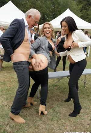 woman fucks very old man, Curvy MILF has long dark blonde hair, small breasts, wearing an elegant blazer, black bra, black pants, beige boots, doggy sex, hardcore sex, multiple cheering women involved, intense thrusting, creampie, cum dripping, outdoor corporate setting, midday, modern corporate party tent, tables, benches, (women standing around and looking to the woman:1.3), Photorealistic, ultra-detailed, 8K resolution, top view, distance shot, soft shadows, realistic skin textures, detailed anatomy, deitailed eyes, dynamic composition, smiling expressions, voyeuristic angle