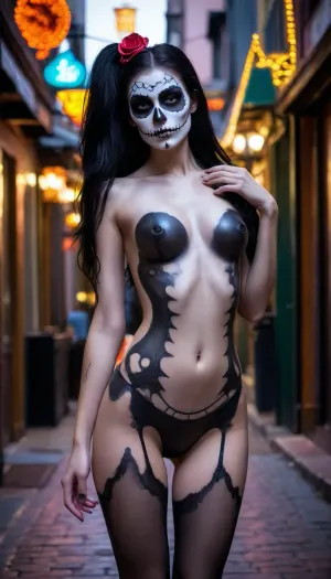 18 yeyold girl, long black hair, ponytail, medium breast, long legs, small skinny ass, hard nipples, full body, full body paint, tall, skinny body, white painted face skull face, day of the dead, painted face, Mardi gras, bourbon street, wearing a costume, with, pokies, <lora:655295_training_data:.8>, pale, skin, <lora:Pale_Skin_SDXL_v1.0:.8>, reij-mg, neon, lights, dark, ambient, light, <lora:reij-moderngothic-000006:.8>