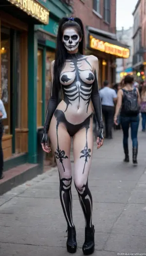 18 yeyold girl, long black hair, ponytail, medium breast, long legs, small skinny ass, hard nipples, full body, full body paint, tall, skinny body, white painted face skull face, day of the dead, painted face, Mardi gras, bourbon street, wearing a costume, with, pokies, <lora:655295_training_data:.8>, pale, skin, <lora:Pale_Skin_SDXL_v1.0:.8>