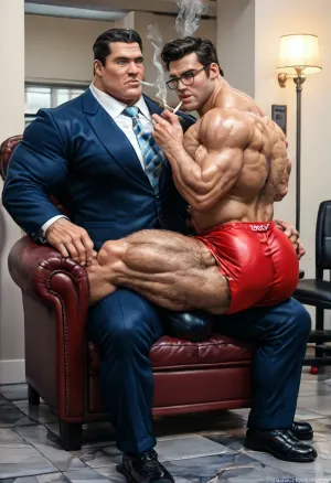 A beefy old daddy 60 years-old, big muscles, big pecs, big bulge, big booty, (big pecs:1.3), (big ass:1.5), (hairy body:1.5), old daddy, (beefy daddy:1.7), boss hot dilf wearing a skin tight formal business suit, black shoes, tie, sit in his luxurious armchair, spred legs, luxurious office, big bulge pants, (big bulge:1.5), glasses, nice hairdress, smocking cigarette, (smoking cigarette:1.3), young men are knneling just at his feet, dominant boss, young mens are humiliated, respect veneration for the boss, only gay mens, hot scene, sexy gay men, gay only