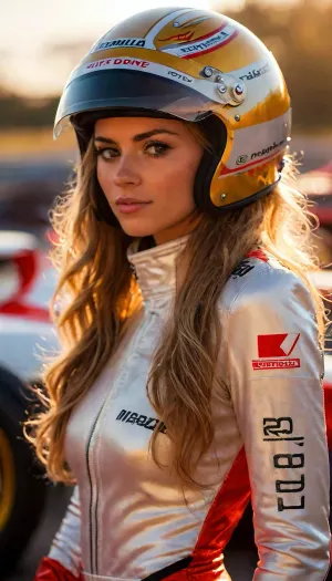 (Masterpiece, ultra-high resolution, cinematic lighting, golden hour, dramatic, lens flare, high contrast), A stunningly beautiful and sexy female Formula 1 driver with a flawless, athletic, perfectly toned body, standing confidently atop a sleek Formula 1 racing car, wearing an open tight-fitting racing suit partially unzipped showing breast, revealing her perfect curves. Her long hair gently flows in the warm, golden hour breeze. The suit is broken and her pussy is visible, The scene is cinematic, highly detailed, photorealistic, capturing every reflection on the car’s glossy surface. Background blurred slightly with soft bokeh, highlighting the intensity of the golden sunset and accentuating the subject’s perfect physique., (formula one car:1.6), great, lighting, mp44, braless, Wearing, clothes, that, make, sense, with, Braless>, <lora:MJ52:2>, <lora:add-detail-xl:2>, <lora:great_lighting:2>, <lora:mp44_mclaren_SDXL-LoRA-prodigy-clip1-v02:.8>, <lora:bralessSDXL_v1_00022:1.2>