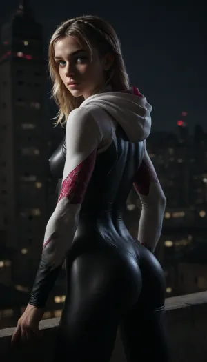 night, clear weather, (((18 years old))), (((young))), (spider girl Gwen Stacy), Braided side Side Cornrows Hair, (tight outfit), (athletic body:1.8), hood on head, hip gap, (narrow waist:1.3), (blonde with pink strands), (view from behind:1.4), climbs to the roof of a high-rise building, (makeup), New York day, ((pussy cameltoe:.9)), (wet clothes), (oiled skin:1.5), (wet tight bodysuit:1.8), hand, 1girl, (athletic ass), medium natural breast, (high detailed face:1.5), dim lights, (hard nipples:1.3), (chiaroscuro lighting:.3), <lora:HandFineTuning_XL:1>, <lora:MGLRbodysuit_sdxl:.6>, <lora:uberfit_lora_sdxl:.4>, <lora:dark:.3>