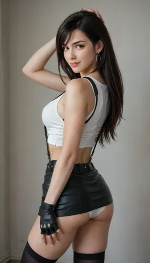 Beautiful Tifa Lock hart cosplay costume, white sleeveless top, a black leather-like skirt with suspenders, fingerless gloves, thigh-high socks, and armor-like pieces for the arms and legs, a green Materia bangle and a belt, back view, turning her head backwards towards the viewer, looking at the viewer, huge natural bust, indoor background, lustful smile, her one hand groping her back, one hand over her head, white panty, kneel down.