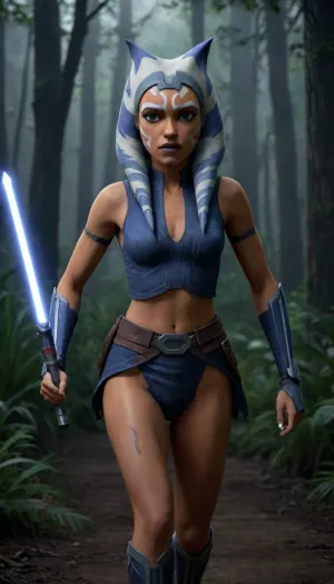 Ahsoka tano, in jedi dress, running to tank from clone wars, nighttime, in dark jungle, Jedi dress, visible breasts, visible pussy, lightsaber in hands, from, star, wars, the, clone, <lora:asohka_v1.0:.8>