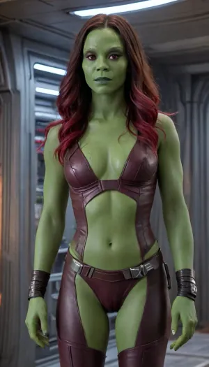 Naked Gamora from guardiens of galaxy, standing im starship, skswoman, <lora:Gamora:.8>