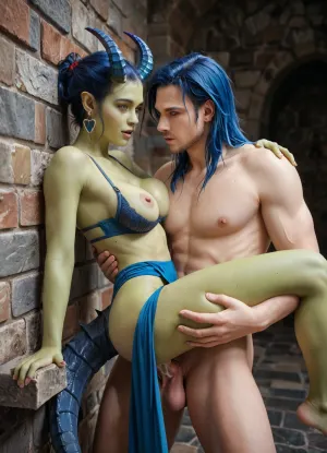 1female demon, 1male devel, female demon has deep green skin tone, long thick tail, blue hair and eyes, realistic eyes, deep blue horns, medium breast, medium built, metal shelf bra, exposed breast, pelvic curtain
Male devil has red skin tone, large deep red horns, large demon, large cock, black eyes. Female being fucked by male on a stone ledge., femalebonedemon, suspended, congress, vaginal, anal, ass, focus, grab, standing, hug, leg, lock, breast, press, straddling, arms, around, neck, lifting, penet, <lora:JewelzBlu_V1.1_XL:.8>, <lora:412719_training_data:.8>, <lora:EnvyInfernalXL01:.8>, <lora:BD1.1-000009:.8>, <lora:lastpenet:1.4>