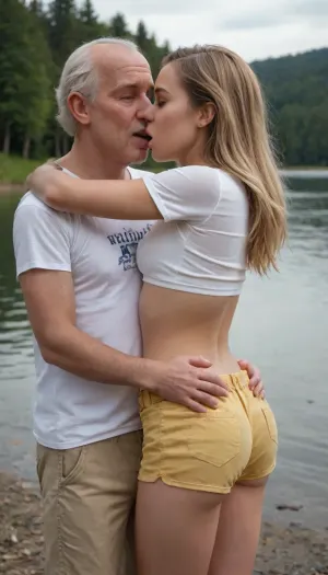 ((Standing behind her is an 70-year-old man friend, wearing t-shirt and tan shorts:1.6)), ((old man friend is hugging young woman from behind:1.2)), ((the old man is grabbing her breasts:1.3)), ((the old man friend is kissing her on the lips}}, A girl with round small firm breasts in a tight sexy white crop shirt, photo of a young woman with, ((long blonde hair)), and brown eyes, big eyes, small breasts in a, ((white crop top and yellow short shorts:1.6)), a small butt, Ava, her face contorted with pleasure as an old man puts a, (hand outside her yellow short shorts), rubbing her crotch, lake, ((her moaning under the squeeze on her breasts:1.4))))
