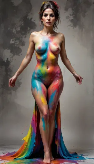 Italian mafia style, 40-year-old woman, tall and lithe, italian fear, dread, despair, bare feet, full length, full body, slim body, perfect chest, completely nude, body covered in colors paint, paint spread out flowing like a dress, complicated and messy hairstyle, Katrina, Color splash, fluorescent, inks colors, HDR, <lora:SDXLPaintSplash:.3>