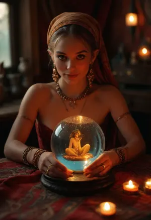 16th century, a sexy gypsy solo fortune teller sits at a small table with a velvet tablecloth at a glowing glass fortune-telling ball, (INSIDE ball appears an IMAGE of a beautiful detailed penis:1.6), surrounded by her extremely messy gypsy showman's wagon, perfect face, ultra horny smile, points to the fortune-telling ball, wears gypsy-typical clothing, (wide dress, many bracelets, golden earrings, headscarf summer afternoon, warm ambient light, Professional photo, hyper-realistic, ultra-high quality, insanely detailed. high resolution, masterpiece, best quality, UHD 8K, extreme realism, maximum detail, hyper realistic, ultra realistic, photorealistic faces, highly detailed faces, sunlight_str1, vibrant, dream, pale, reality, elven, architecture), <lora:MJ52:.8>