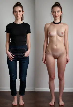 Before and after, an attractive 28-year-old barista, slender, big firm breasts, pale skin, cute, (narrow triangular face), (very high forehead), straight light brown hair pulled back in a simple ponytail, (narrow nose), ((small hoop nose ring:1.1)), thin eyebrows, no makeup, (smirk), firm ass, shaved pussy, (in a black shirt with a collar+blue jean pants+long apron before:1.4), (completely naked after), zoom out, view from thighs up, naked, <lora:OnoffXL_ExtraCrispy:.5>, <lora:style_lora_realis:.8>