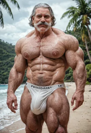 A sexy beefy old grandpa, 60yo, Grey hair, Grey silver hairy body, hairy face, big thick mustache, geey hairs, big muscles grandpa, strings jawline, big pecs, big bulge, big booty butt, enormous flaccid cock, big hangging balls, standing on white sand, lovely beach, palms trees