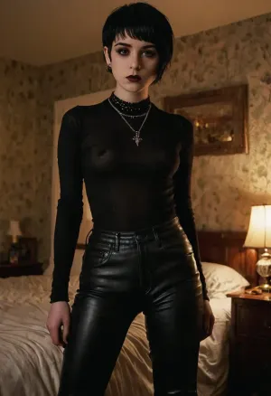 cute goth 18yo woman, she is showing her large erect penis that is squirting cum, she is wearing pants, she has a side swept pixie haircut, black hair, in bedroom, (full body shot:.6)