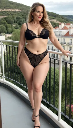 old mature, sexy 45 years old, dark blonde, pale skin, tall, long hair, very glamour, big hoop earrings, necklace, wide hip, big culottes, very chubby curvy, thick legs, extreme small tiny boobs, very tiny little tits, at the balcony, selfie, full body view, looking at the camera, sexy naught smile face, mules sexy heels, slip in mules view, charming, very hot and horny, sexy black high waisted lingerie, showing her back, cellulite legs, back body view