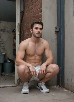 Attractive 20 year old Caucasian man. Hairy chest. Short brown hair, stubble, desolate expression, handsome. Shirtless, ripped and white shorts showing purple underwear. Squatting facing viewer with back against a brick wall of a public men’s restroom. Sign on the door has the word MEN written on it. Night scene, light coming from inside open door. Other men in background. Lamp post, trees, concrete walkway. Trash, garbage cans, graffiti on walls, brick building. Sneakers, <lora:Inata_Hot_Guys:.8>, <lora:712386_training_data:.8>