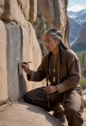 A weathered, middle-aged, (45-55 years), female Native American cartographer, possessing strong, chiseled features and deep-set eyes reflecting centuries of ancestral knowledge, stands poised against a towering sandstone cliff face. His dark brown skin, etched with the lines of time and sun exposure, speaks of a life lived in harmony with nature. He is dressed in a richly textured, dark brown deerskin tunic adorned with intricate silver beadwork depicting constellations and flowing water patterns, complemented by dark grey woven leggings and sturdy leather moccasins. His long, black hair, streaked with silver, is gathered in a traditional braid. His posture is one of intense focus, his body slightly hunched over the cliff face as he meticulously sketches with charcoal onto the rough-hewn stone. His brow is furrowed in concentration, his lips pressed together, revealing a determined expression. The charcoal in his hand moves fluidly, creating detailed lines on the map that depicts sweeping mountain ranges, winding rivers, and sprawling forests. The scene is bathed in the warm, golden light of late afternoon sun, casting long shadows that accentuate the texture of the cliff face and the intricate details of his attire. The background is comprised of imposing, snow-dusted peaks, a pristine clear sky, and an almost tangible sense of ancient wilderness. Rendered in a photorealistic style with elements of romanticism, the piece captures a sense of quiet majesty and deep connection to the land. The perspective is a medium shot, slightly elevated to capture both the cartographer and the vast expanse of the landscape. The overall mood is serene yet powerful, conveying the enduring legacy of indigenous knowledge and the artist's profound respect for his environment.