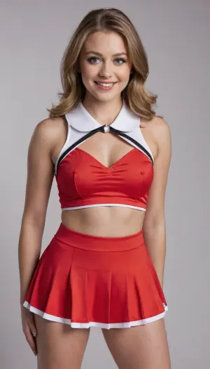 Masterpiece NSFW, 8K ultra-high resolution, ultra-high quality, (Best shots captured by professional photographers using ultra-high performance high-sensitivity cameras to capture a rich sense of reality:1.5), 25-year-old female, blonde white, Greek, platinum golden blonde straight long hair, styled by a professional hair designer, tall and curvaceous, firm and sensual young body with a dynamic presence, beautiful large breasts, erotic plump nipples, (beautiful symmetrical droopy eyes, beautiful colored eyes, beautiful high nose, beautiful lips, very bright, cheerful and cute smile with upturned corners of the mouth:1.5), ((Perfectly aligned teeth, dental braces)), ((Hairy pubic hair covering a wide area of ​​the crotch:1.5)), sexy hips, firm and sexy thighs, (With collar:1.5), (Sleeveless:1.5), (Wearing the highest quality cheerleader costume that combines a sleeveless shirt with a collar and a pleated skirt that fits perfectly on the glamorous body:1.5), (is clearly visible:1.5), (Fixed lifting motion with both hands:1.5), (Frontal image showing the cheerleader's very cute and attractive standing from head to knees:1.5), nPhotographed in a studio sprinkled with elementary particles to create a realistic photographic effect with a rich sense of presence