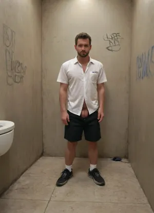 Handsome fit hairy middle aged Caucasian man in a public men’s restroom. Toilet, graffiti on walls, toilet. ASCII, photo of a middle aged man leaning against wall, salt and pepper hair, white unbuttoned shirt showing hairy chest, black shorts unzipped showing white briefs, high detail. Dramatic lighting, other men looking on, trash on floor, dirty dingy ambience, light blue tiled walls, <lora:712386_training_data:.8>, <lora:255700_training_data:.8>, mooning, <lora:xbutt-1.3:.8>