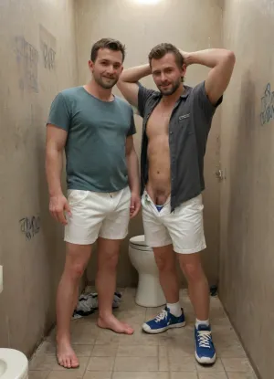 Handsome fit hairy middle aged Caucasian man in a public men’s restroom. Toilet, graffiti on walls, toilet. ASCII, photo of a middle aged man leaning against wall, salt and pepper hair, green unbuttoned shirt showing hairy chest, baggy white shorts unzipped showing light blue briefs, high detail. Hands behind his head, smiling. Dramatic lighting, other men looking on, trash on floor, dirty dingy ambience, light blue tiled walls, <lora:712386_training_data:.8>, <lora:255700_training_data:.8>, mooning, <lora:xbutt-1.3:.8>
