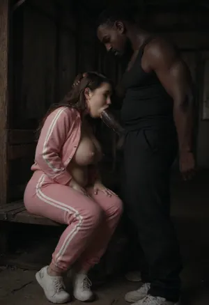 Dark, evening, outside, country house porch, blowjob, (a huge black guy stands over the woman), a muscular black guy, (a black hooligan:1), african guy fucking a sleeping woman in the mouth, (a lot of cum flows out of the woman's mouth, cum, cum in mouth), a huge black cock in a sleeping woman's mouth, (woman sleeping on a bench), ((woman sleeping, woman lying down)), lying woman, woman's eyes closed, (very old woman, 70 yo), fat woman, (gilf:1.1), chubby woman, cute fat face, proud face, angry face, fat cheeks, brunette, brown straight hair, long hair, big saggy breasts, heavily saggy tits, fat ass, fat belly, chubby legs, woman dressed, woman wearing pink tracksuit, ((pink tracksuit buttoned up)), woman wearing white sneakers, a huge African guy standing next to a woman, (a black guy fucking the woman to the mouth), a black guy, an athletic, huge black guy, a black guy dressed in a black tracksuit, african, israeli, english, arabic, chain, piercing, earring, blackandwhite, color, profile, jacket, shorts, tank, bbcdeepthroat, <lora:dark:.5>, <lora:338632_training_data:.8>, <lora:BBCDeepthroat:1.1>