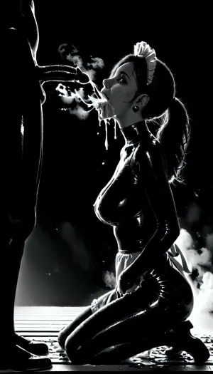 Police officer, 41 years, MILF, blond, ponytail, sexual body, slut mimic, full body, night, in the park, sitting on a bench, masturbating, orgasm, tongue sticking out, fingering, pussy, muscular, (steam on mouth:1.4), seven inches penis, (standing up straight), excessive cum, dripping on to girl, cum, (looks with love and happy), (((profile view))), cum shooting, cum dripping, (((latex black housemaid clothes))), (woman 20yo kneeling), (woman looking up at man), (ban haircut), (((black silhouette))), (((monochrome:1.9))), heavy natural droplets breasts, (black background), backlight, style, hair, light, <lora:2FingersSDXL_v03:.5>, <lora:MJ52:1>, <lora:206223_training_data:2>