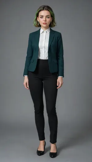 Katherine Mulligan Loud From The Loud House, mint green streak. She has fair skin and flushed cheeks, with an expression of surprise or astonishment. She is wearing a dark suit, possibly black or navy, consisting of an open jacket with a pronounced neckline and tight pants or opaque tights. The jacket appears to be made of a smooth, formal material, full body viiew