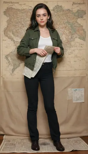 Heroes of Might and Magic III art style, high detail, Traditional art, classical art, (dwellings of creatures on the background, creatures on the map, 3 cities on the map:1.3), (unpaved terrain, type of unpaved terrain:1.3), Katherine Mulligan Loud From The Loud House, mint green streak. She has fair skin and flushed cheeks, with an expression of surprise or astonishment. She is wearing a dark suit, possibly black or navy, consisting of an open jacket with a pronounced neckline and tight pants or opaque tights. The jacket appears to be made of a smooth, formal material, full body viiew