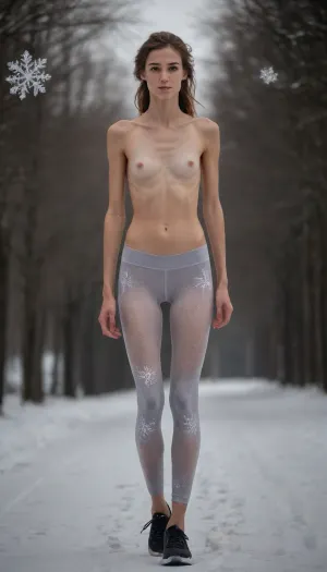 woman, elsa, ((very skinny with thin legs and thigh gap:1.6)), swirling snow storm background, (wearing tight transparent snowflake leggings:1.5), ((topless)), running shoes, (jogging side view), 35mm photograph, film, bokeh, professional, 4k, highly detailed